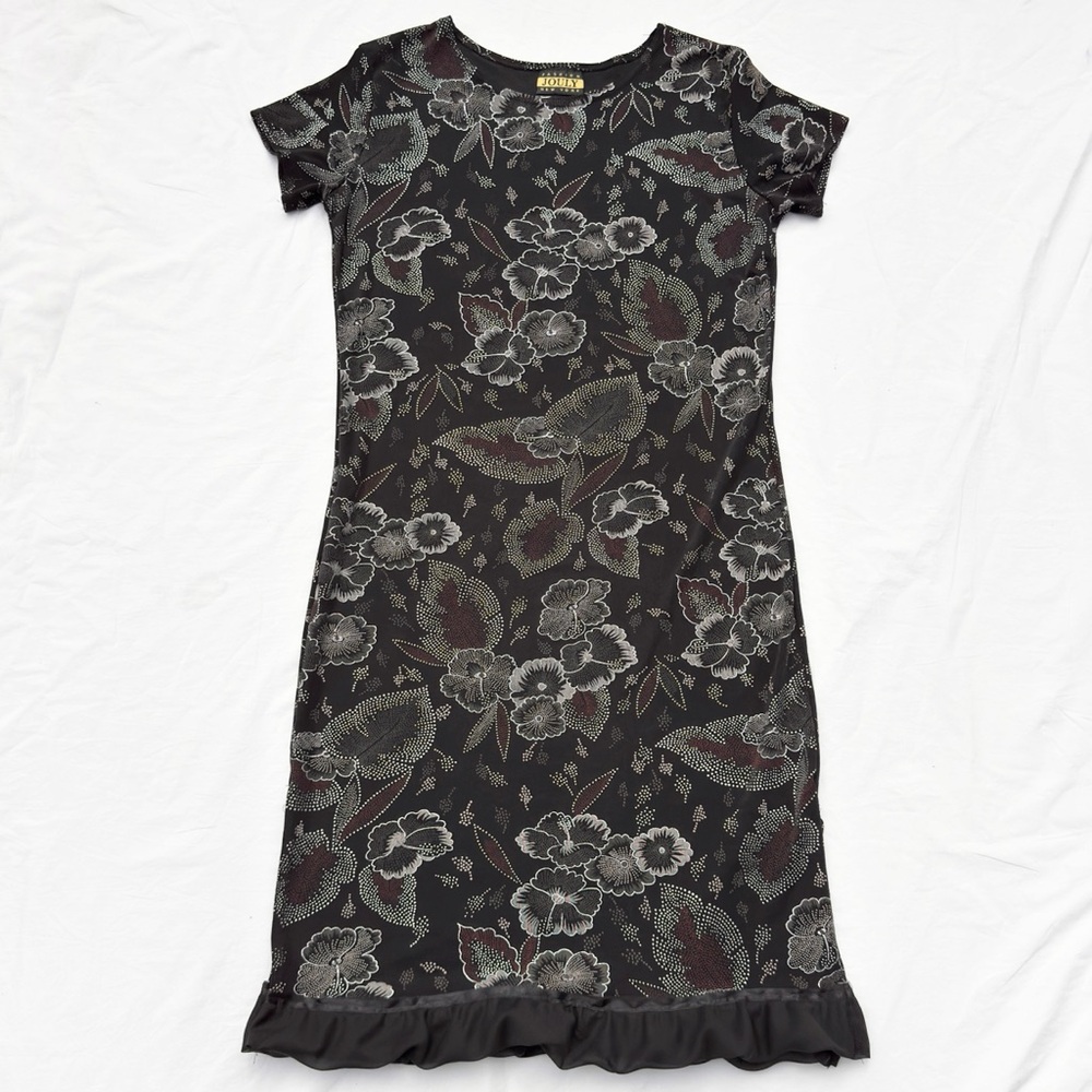Vintage 90s Jouly Fashion Black Silver Floral Short Sleeve Ruffle Hem Goth Dress